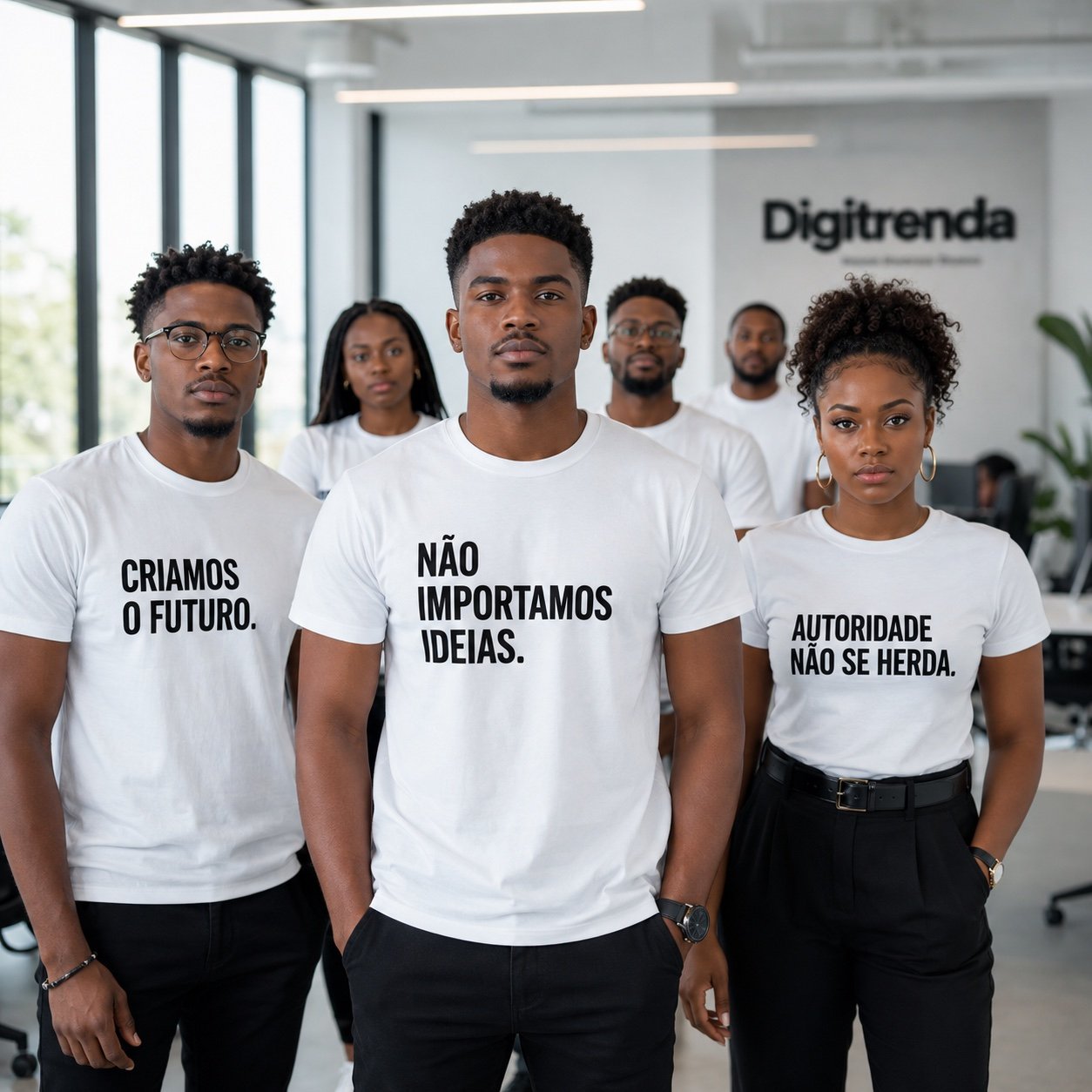 Equipa da Digitrenda vestindo t-shirts com as frases "Criamos o Futuro.", "Não Importamos Ideias." e "Autoridade Não Se Herda."