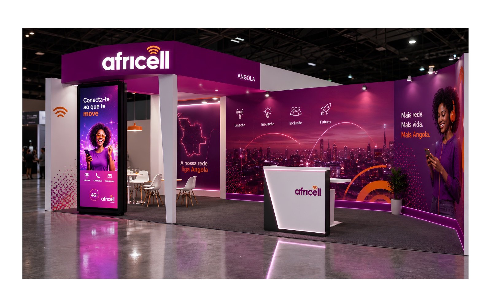 Africell Angola — stand institucional em evento